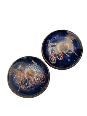 Bridle Rosettes set of 2 blue cabochon horse carriage rider painting vintage